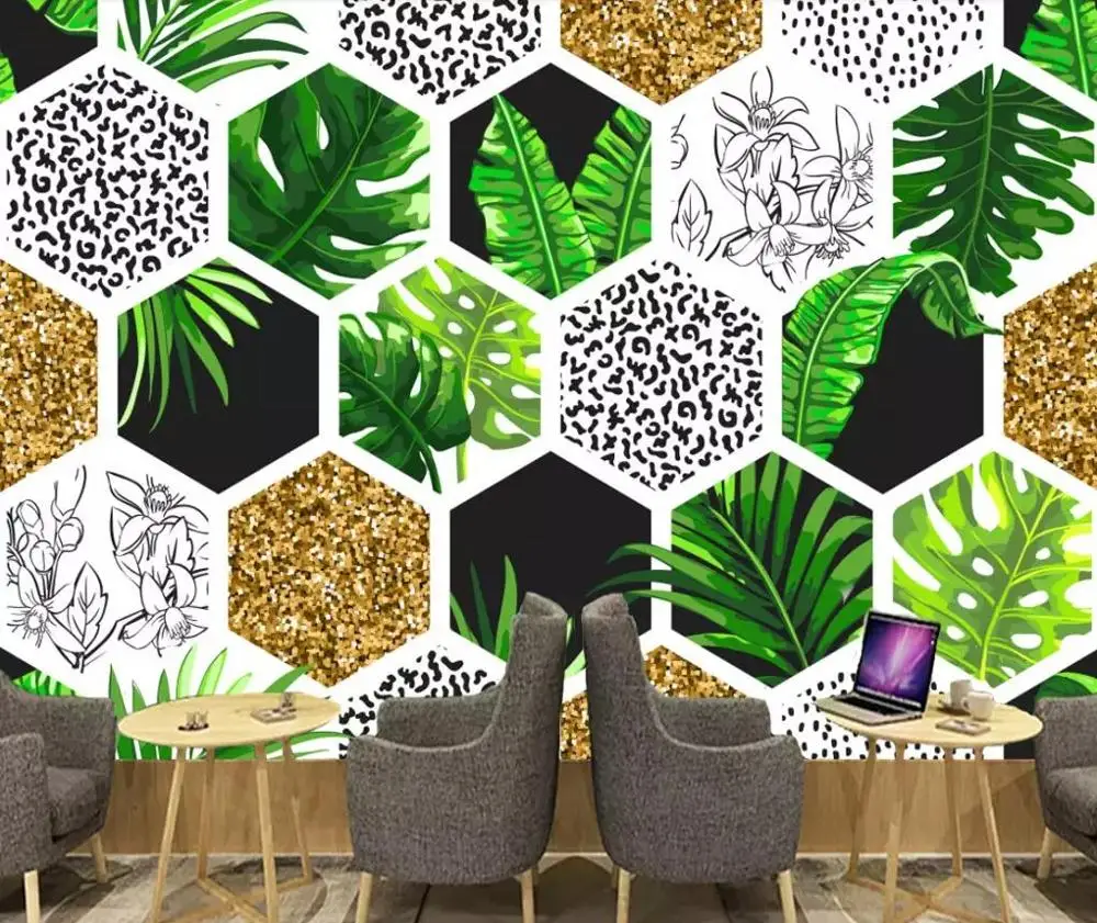 

Dropship Custom Photo Wallpaper 3D Modern Minimalist Banana Leaf Hexagonal Geometric Background Wall Decoration Mural Wallpaper