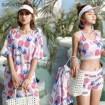 

Bikinis Set Womens Summer Three Piece Split Conversation Flat Angle Print Sweet Pink Mesh Patchwork Student Pool Swimwear Women