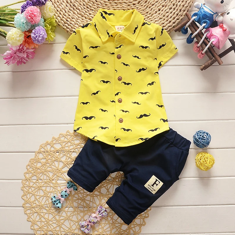 HE Hello Enjoy/ комплекты для маленьких мальчиков летний детский комплект одежды рубашка с принтом бороды+ шорты хлопковый спортивный костюм для мальчиков - Color: Yellow