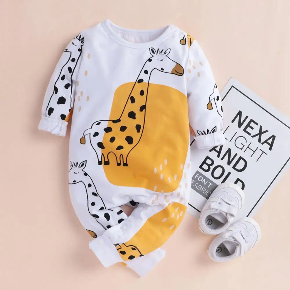 Cena PatPat Baby Boy Girl nadruk z żyrafą kombinezon z długim rękawem dół Snap wiosna jesień zima wokół szyi z długim rękawem bawełna
