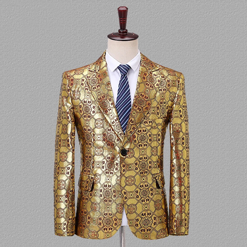 Style 1 Gold Red Мужской однобортный жаккардовый блейзер с вышивкой, мужской деловой Повседневный Блейзер, Свадебный костюм, вечерние костюмы для певицы - Цвет: Style 1 Gold Red