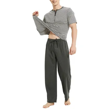 

Men Pajamas Sets Short Sleeves + Trousers Horizontal Stripes with Pocket Classic Style Male Sleepwear Suits Male Summer Homewear