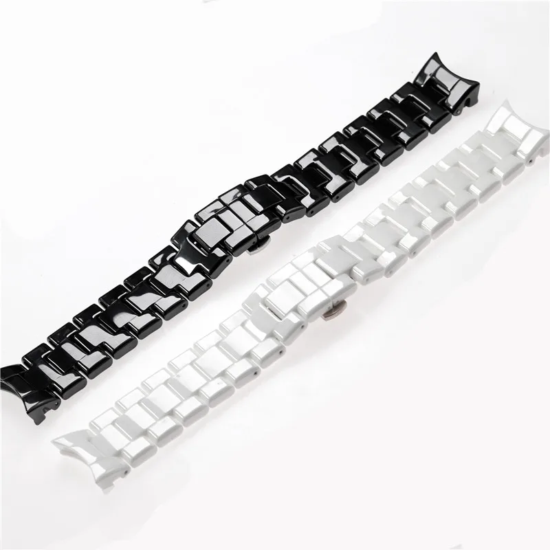 Ceramic Watch Strap Band Bracelet with Butterfly Clasp - Black/White, 18mm/22mm