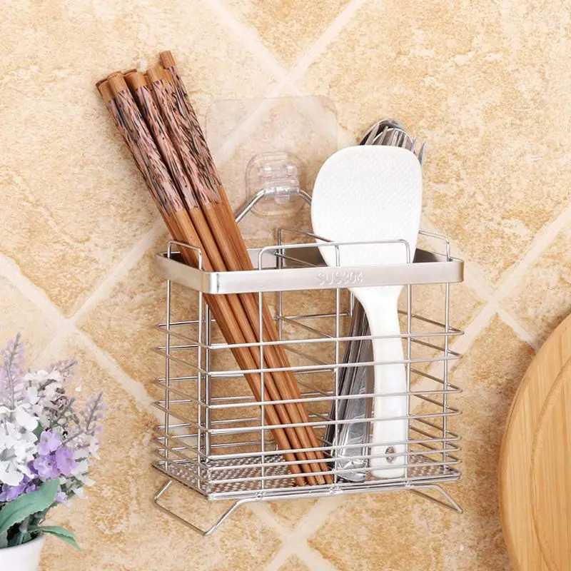 

304 Stainless Steel 2 Compartments Mesh Utensils Drying Rack Chopsticks Drain Basket Flatware Holder Cutlery Organizer Caddy