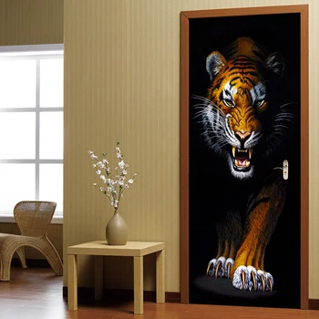 

Home Decoration Door Sticker 3D Stereo Tiger Animal Wallpaper Living Room Bedroom Kitchen Waterproof Vinyl Door Mural Door Paste