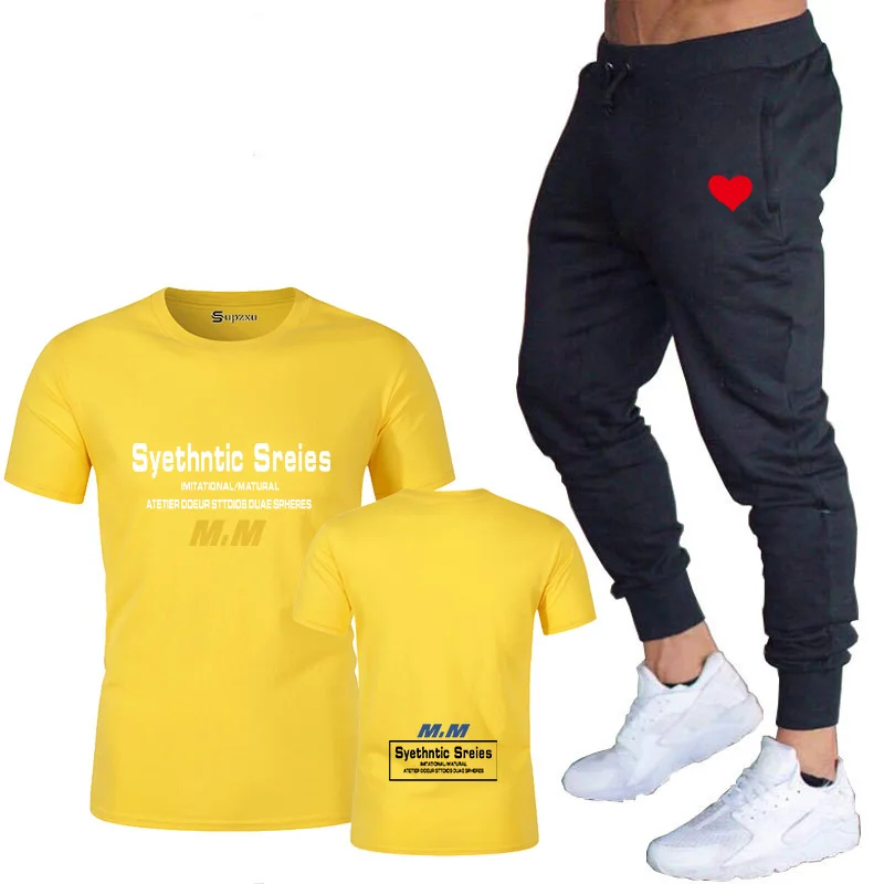 yellow Летняя мужская футболка с надписью Syethntic Sreies, футболка с круглым вырезом, Повседневная брендовая одежда, мужская футболка, набор уличных штанов - Цвет: yellow