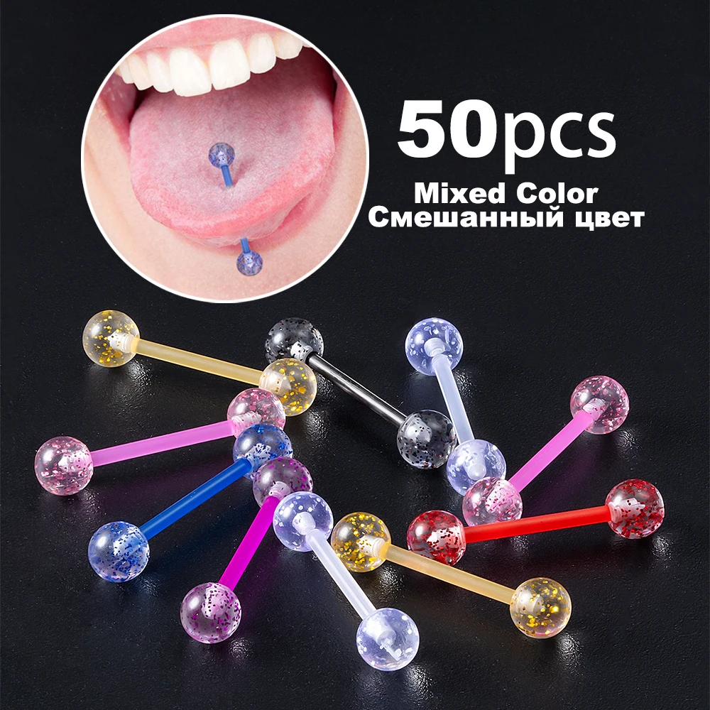 style3-50pcs 10/50 шт в наборе, светящиеся украшения для пирсинга языка для Для женщин Акриловые УФ язык пирсинг со штангой бары Красочный Световой Забавный Тела Ювелирные наборы для ухода за кожей в 14 г - Окраска металла: style3-50pcs
