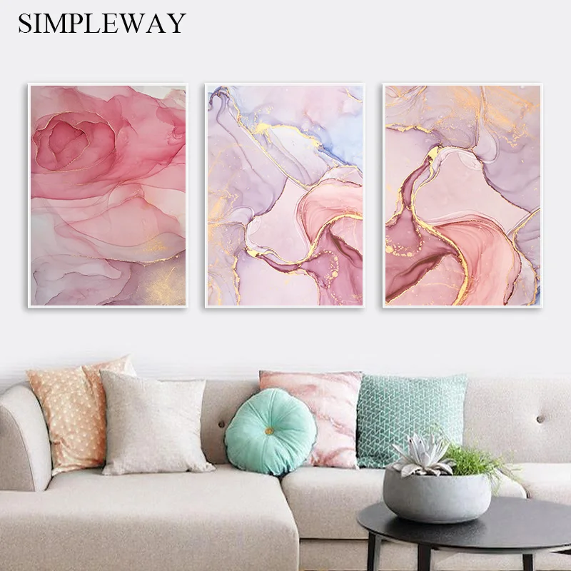 Pink Golden Marble Wall Poster Abstract Flower Canvas Art Print Painting Nordic Decorative Picture Modern Style Home Decoration | Дом и сад