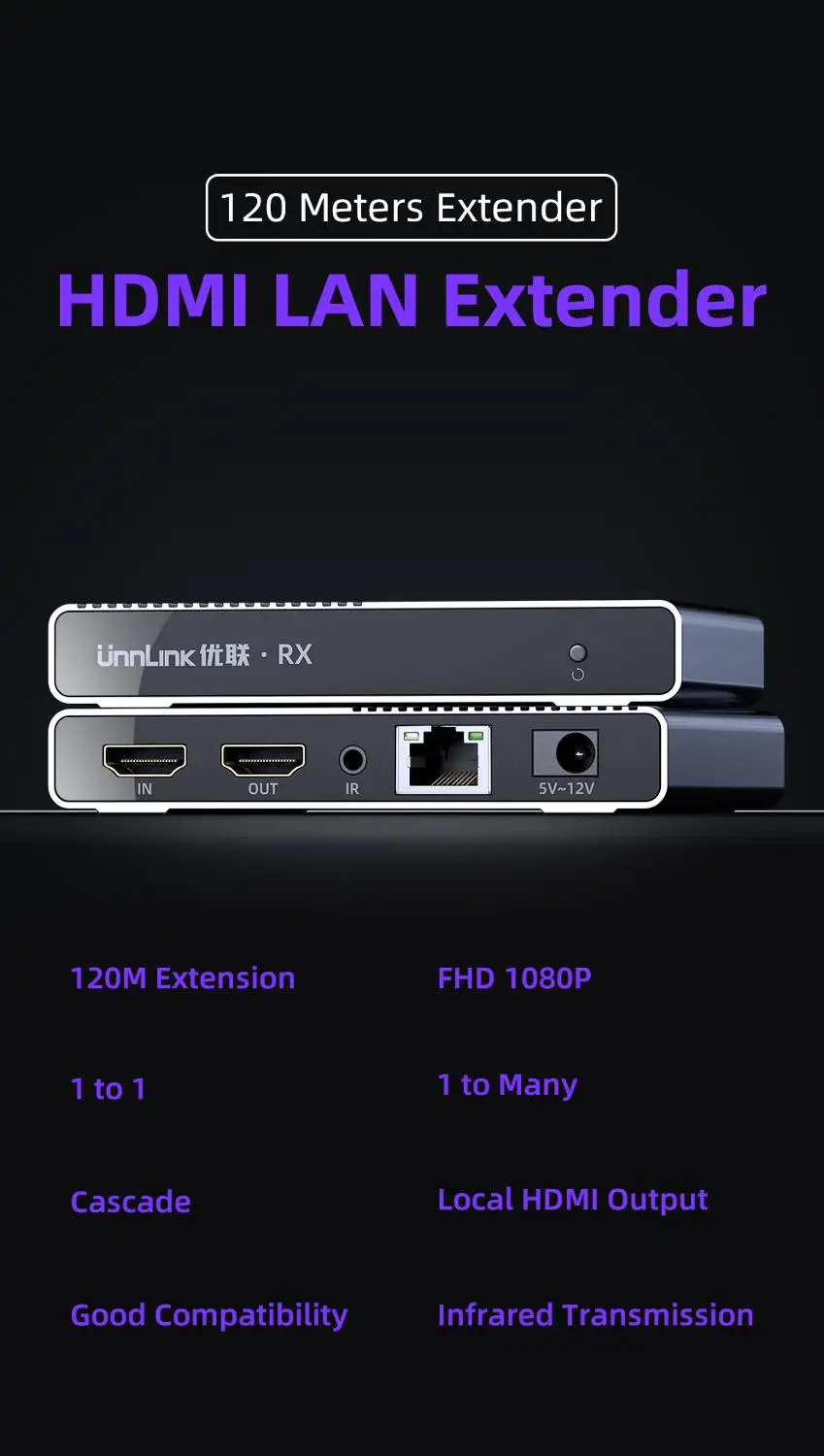  Unnlink HDMI Extender 120M FHD 1080P Dual ITE Chip IP/TCP CAT6/7 Network LAN RJ45 Ethernet IR Trans