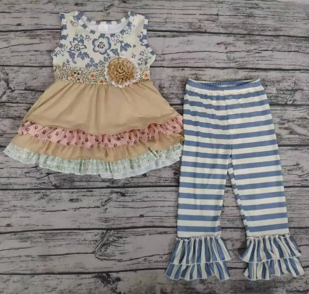 

Wholesale Fashionable Kids Summer Clothes Baby Girls Floral Top Stripes Ruffle Pants Set Infant Toddle Boutique Children Outfit