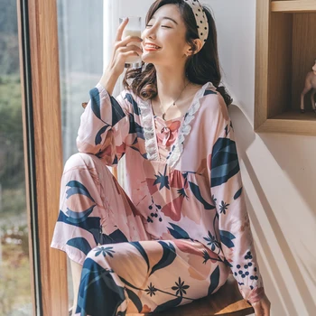 

Pajama Women's Suit Floral Pattern Spring / Autumn / Summer Thin Cotton Long Sleeved Trousers Household Suit Two Piece Set