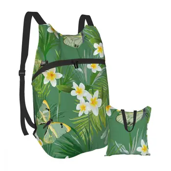 

Foldable Backpack Waterproof Travel Men bag Tropical Floral Dragonflies Jungle Palm Tree Leaves And Exotic Flowers
