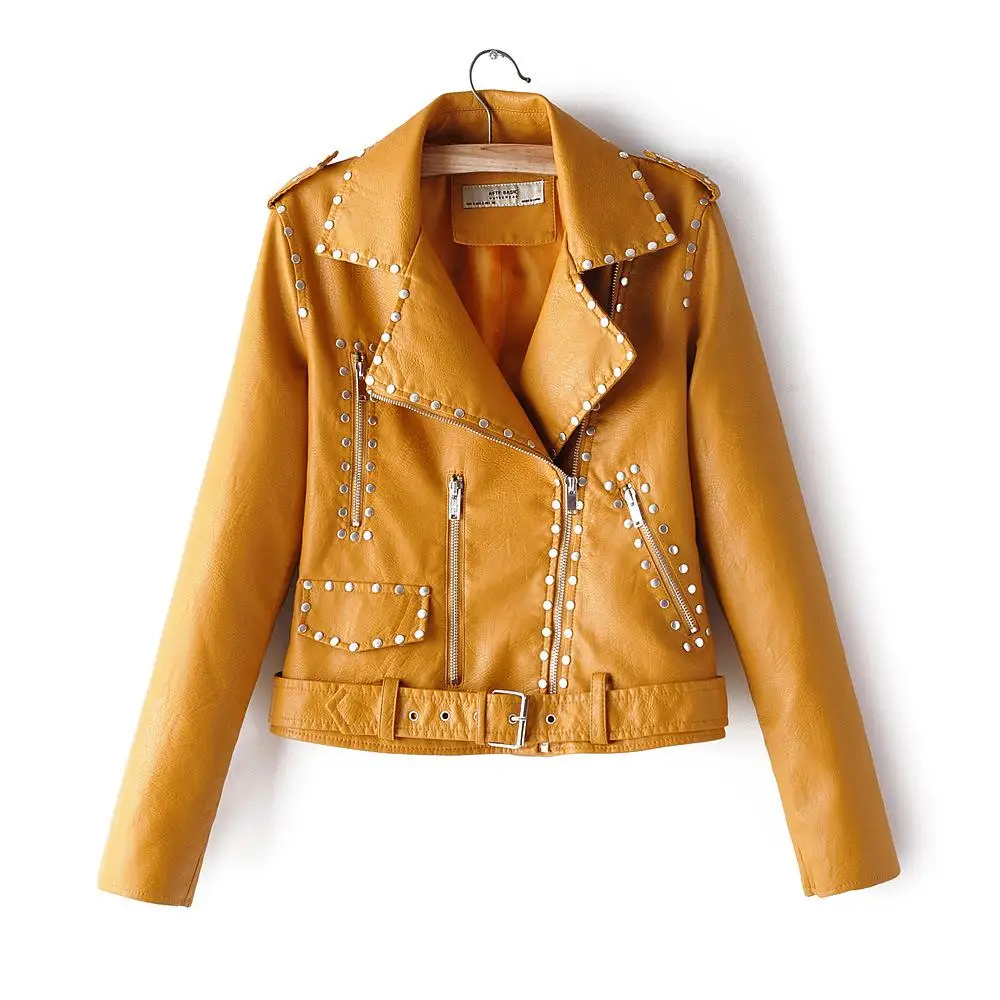 Женская Короткая кожаная куртка в стиле панк, новинка, осенне-зимнее пальто из ПУ с длинными рукавами, женские облегающие байкерские куртки с заклепками, верхняя одежда - Цвет: 4