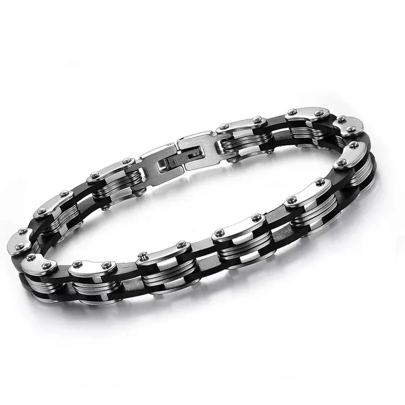 Высококачественный Панк мужской браслет из нержавеющей стали серебряное звено черная силиконовая цепь манжета велосипедный браслет