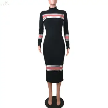 

Fashion Women Dresses Long Sleeve Spring Striped Pullover Turtleneck Casual Dress Mid-calf Bodycon Female Robe Pencil Sexy Dress