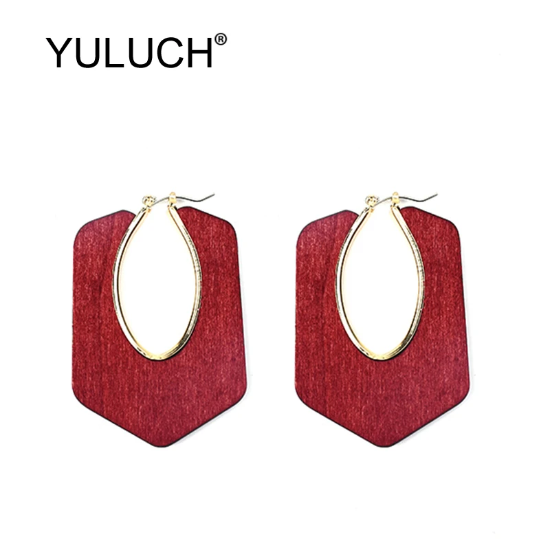 YULUCH 2019 Pop Red Black Wood With Golden Metal Geometric Big Earrings Fashion Jewelry Ethnic African Indian Long | Украшения и