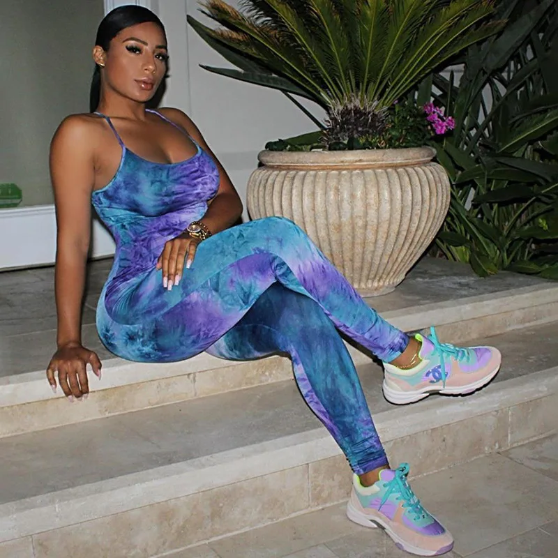 Women Tie Dye Print Jumpsuit Fitness Sportswear Strap Sleeveless Backless Cross Casual One Piece Workout Rompers Jumpsuits