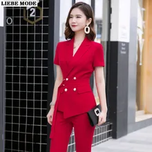 Woman Summer Trouser Suit Black Red Short Sleeve Double Breasted Sashes Blazer and Pant Formal Work Pants Suits