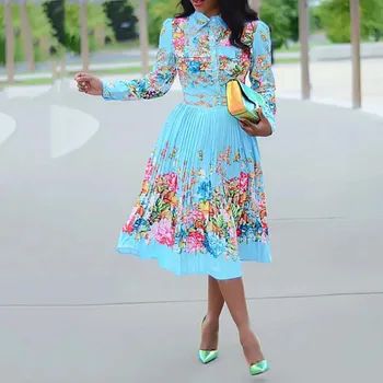 

2020 Spring Women Pleated Dress Elegant Fashion Floral Print Dresses Female Lades Plus Size African Dinner Robe Blue Vestiods