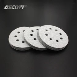 100pcs 5Inch 8Hole White Alumina Sandpaper Polishing Self-adhesive Loop Polishing Disc for Angle Grinder Metal Wood Polishing