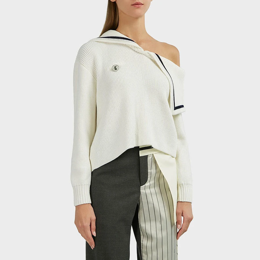 

2019 Autumn Winter Solid White Elegant Women Sweater Asymmetrical Navy Collar Off One Shoulder Casual Pullover Knitting Sweater