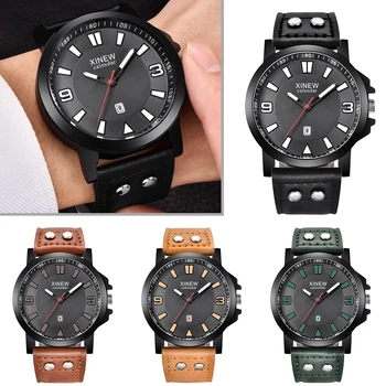 

Fashion PU Leather Band Sport Watch Large Analog Dial Quartz Wristwatches Classic Pin Buckle Alloy Case Men Business Watches