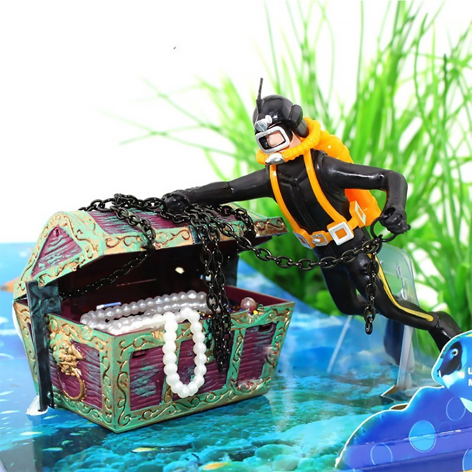Frogman Diver Treasure Chest Shaped Action Air Ornament Fish Tank Aquarium Decor 