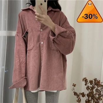 

long Autumn new sleeve shirt female student loose Korean corduroy shirt coat thin versatile top