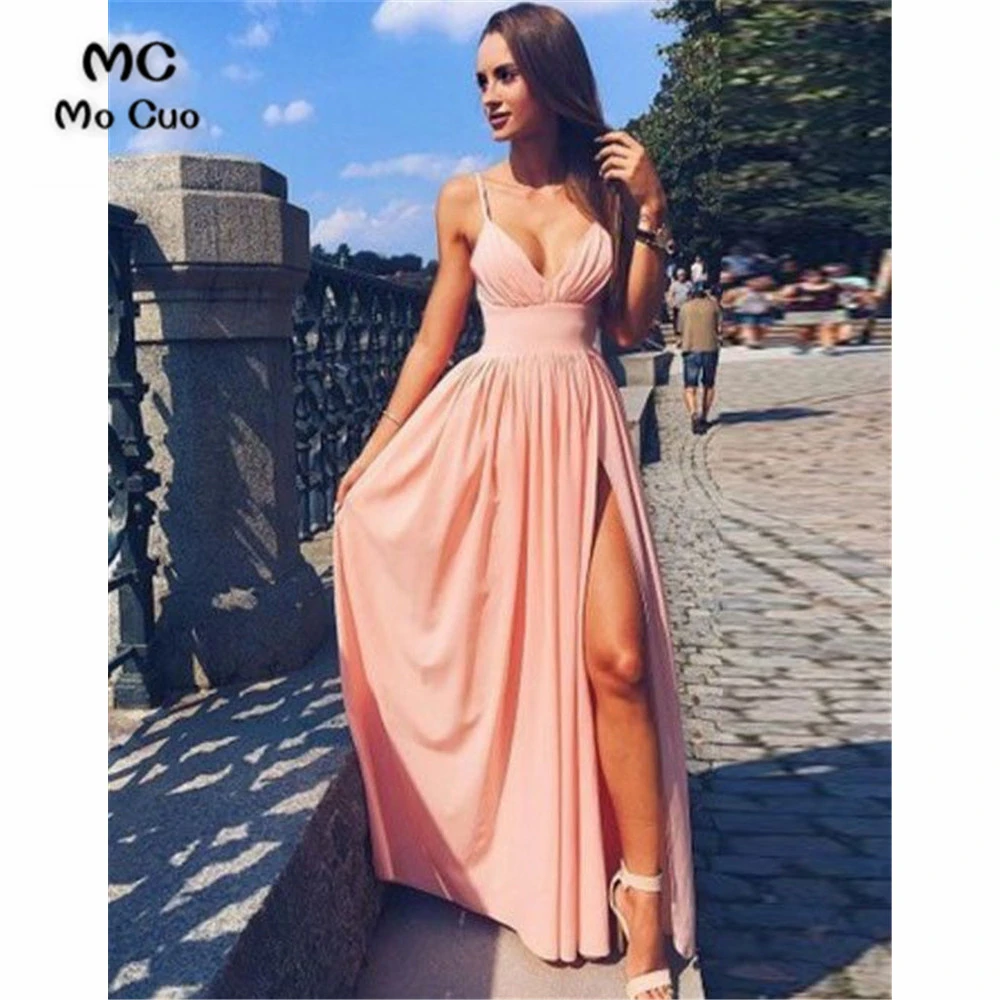 Nude Pink Straps Prom Dresses Long Front Slit V-Neck Vestidos de fiesta Chiffon Evening Prom Pageant Dress gold prom dress