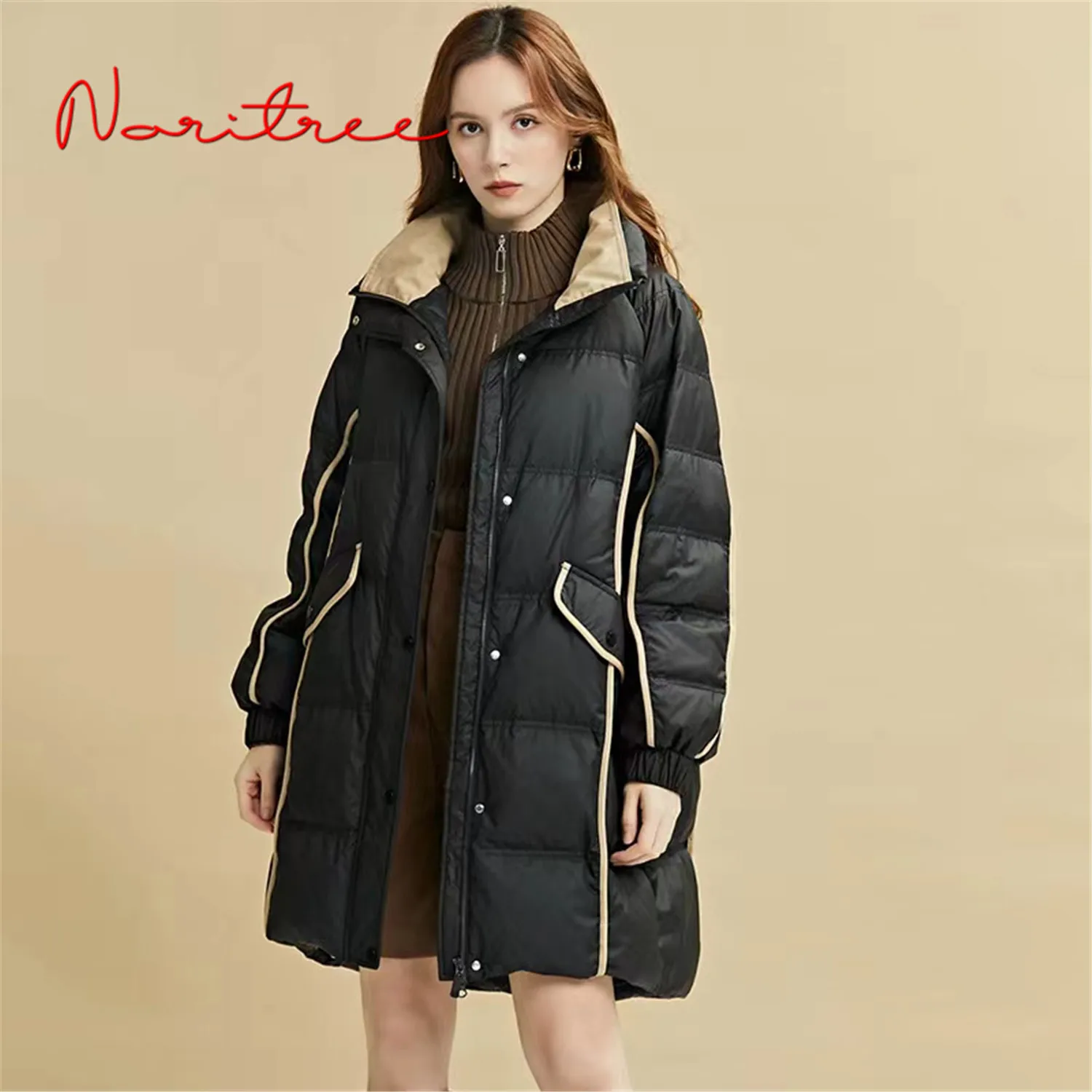 Women's Long Down Coats Bright Line Design Warm Fluffy Goose Down Coat