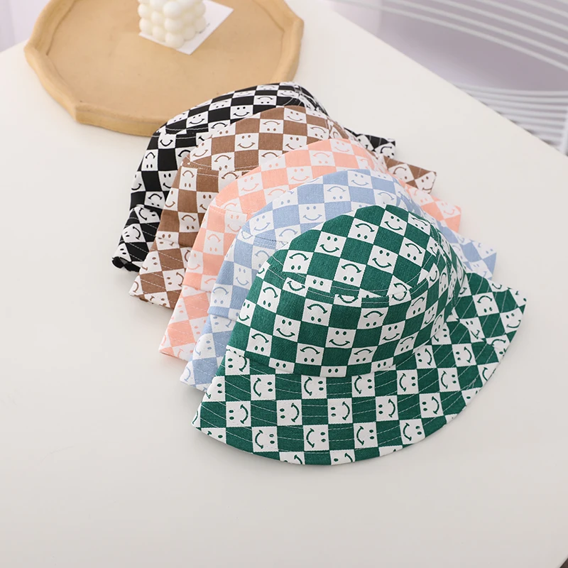 Doitbest Spring 2022 Autumn baby kids Bucket Hats Cotton Checkerboard smile Sun Cap Boy Girls Outdoor Beach Fisherman Hat