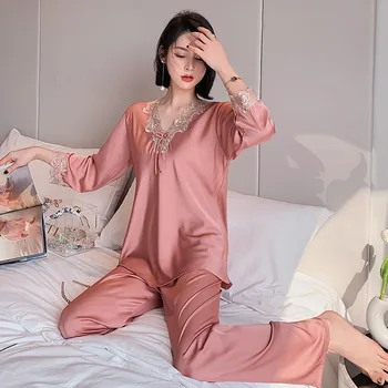 

Spring and autumn pajamas women's long sleeve ice Lace Sexy loose Pullover 2020 new silk home wear summer pajama set tz50