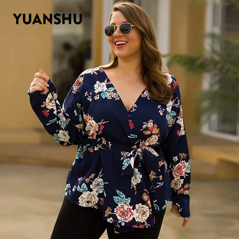YUANSHU цветочный принт размера плюс Топы Женские V шеи Пояса с длинным рукавом Блузка Мода дамы большой размер одежда XL-4XL