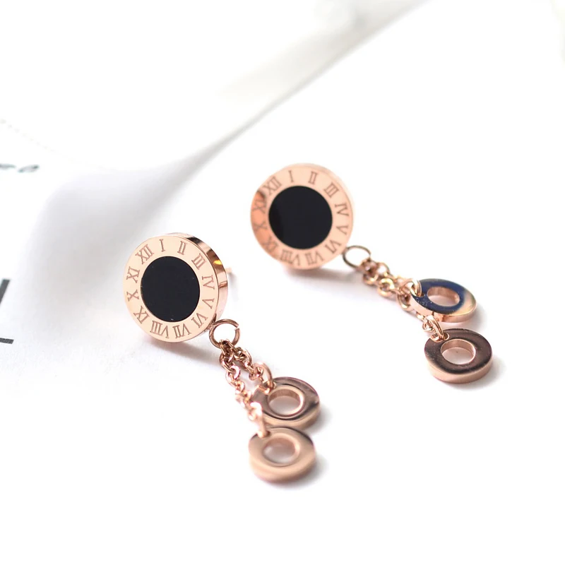 YUN RUO розовое золото цвет Римский номер серьги-гвоздики с кисточкой титановая