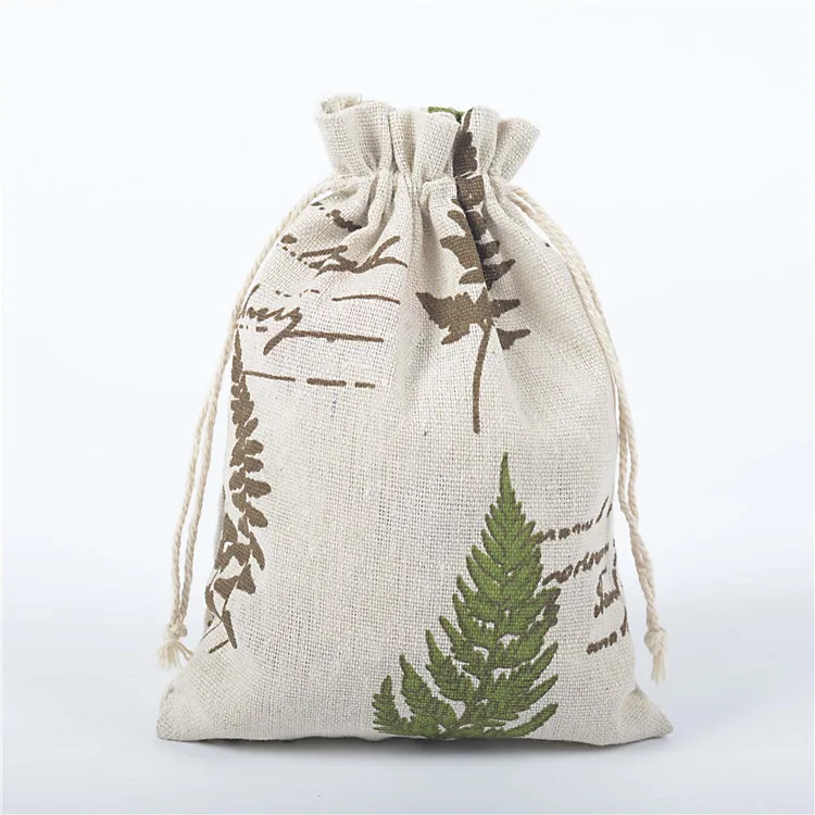 Big leaves 10 шт., 10*14 см, с принтом, хлопок, лен, пачка, карман, с рисунком, на шнурке, сумка из мешковины, для конфет, ювелирных изделий, орехов, печенья, вечерние сумки, сувениры - Цвет: Big leaves