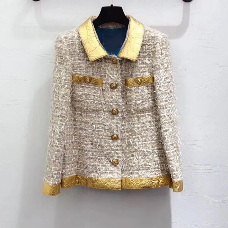 

Autumn and winter women's coat fashion gold collar plaid tweed woven jacket 2019 new women's elegant short coat