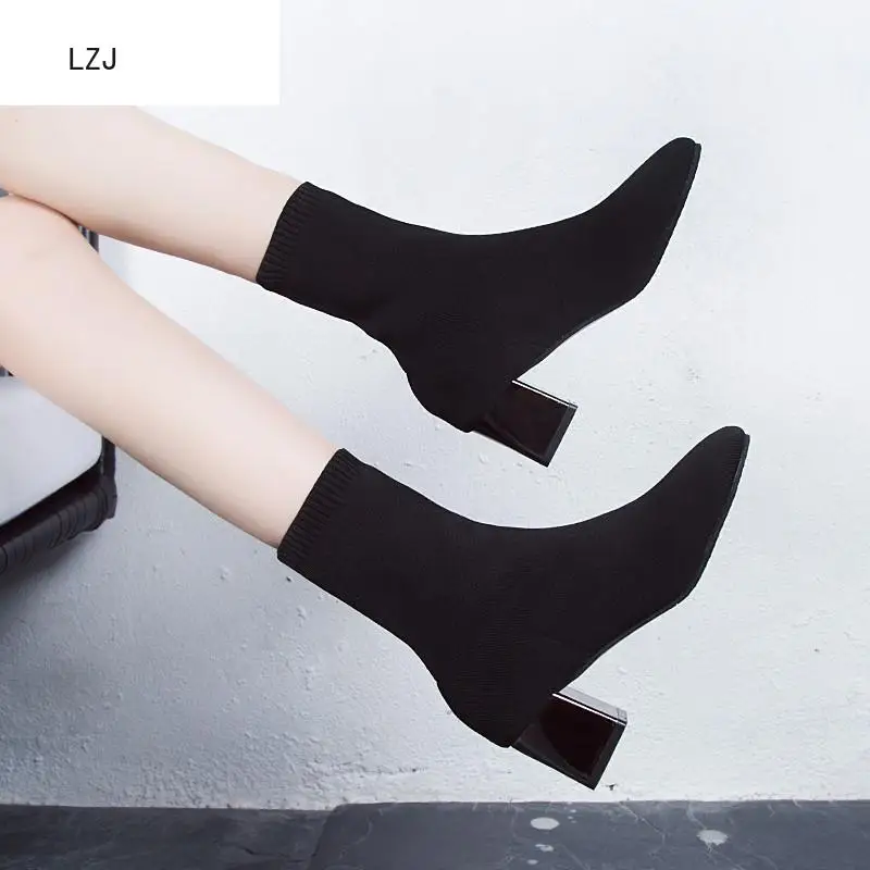 

2019 Women Black Ankle Sock Boots 2019 Fashion Spring Autumn Stretch Chunky High Heels Pointed Toe Shoes Winter Zapatos De Mujer