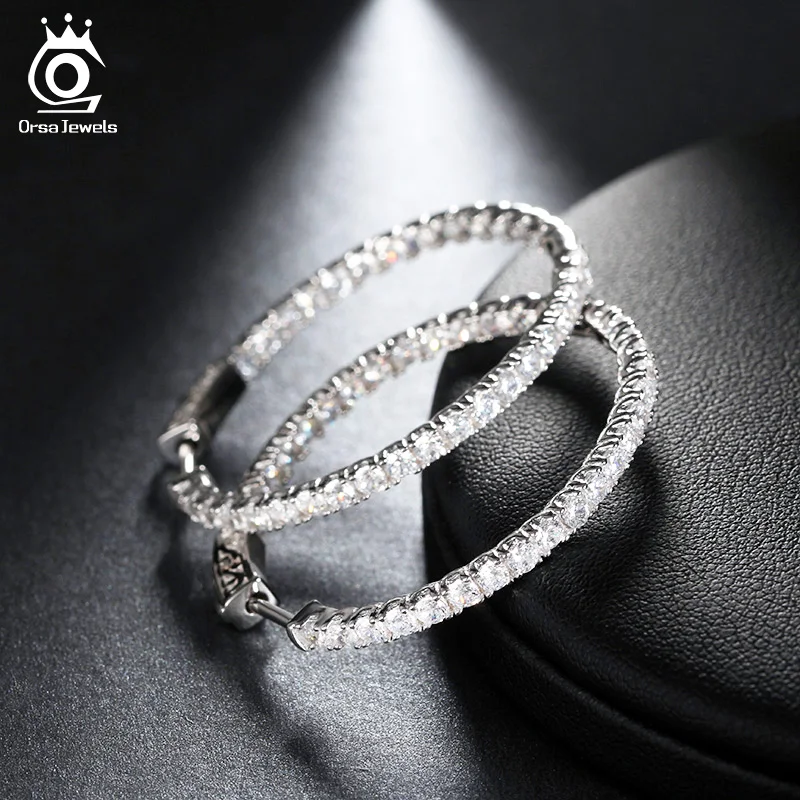 ORSA JEWELS 35mm Big Size Women Hoop Earrings Full Zircon 35 MM Circle Earrings Trendy Delicate Lady Luxury Party Jewelry OE137