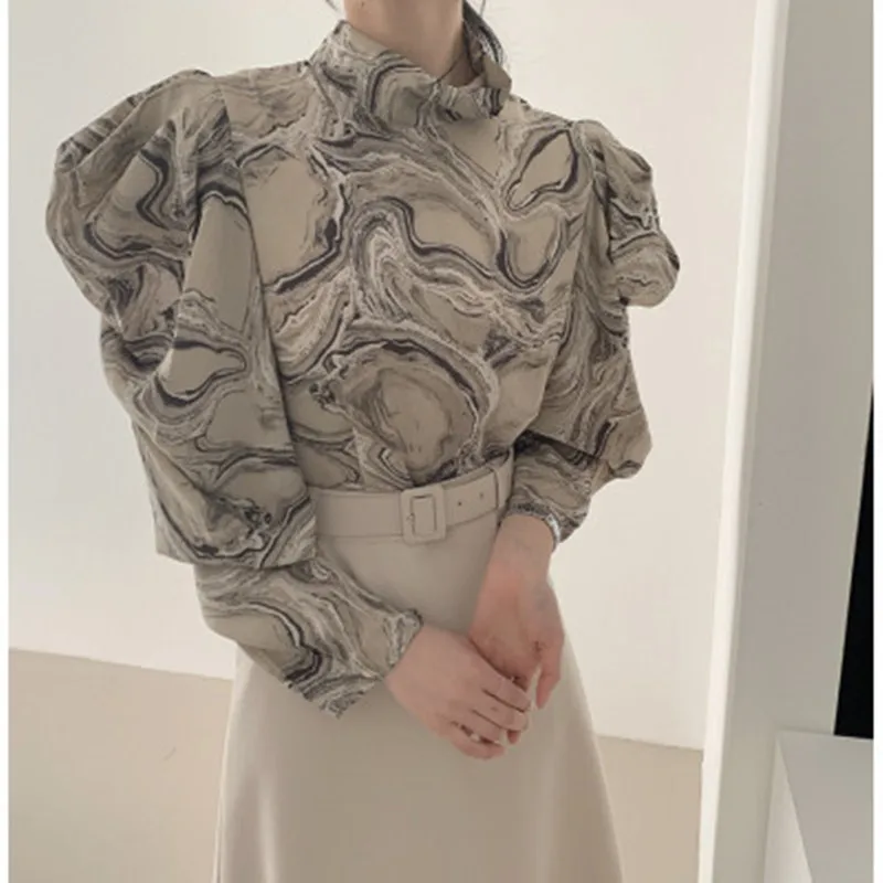 

Elegant Half-high Collar Ink Printing Women Blouse Loose Puff Sleeve Chiffon Shirt Fashion Chic Simple Femme Blusas