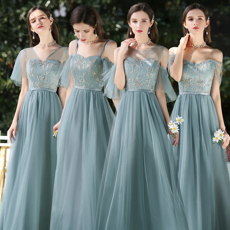 Длинное зеленое платье подружки невесты элегантное из тюля размера плюс