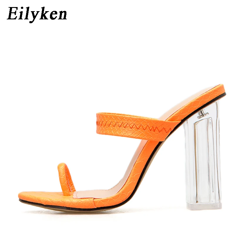 Orange Eilyken/летние женские шлепанцы; Вьетнамки с прозрачным квадратным каблуком из эластичной ткани; пикантные шлепанцы; флуоресцентный зеленый цвет - Цвет: Orange