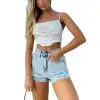  Women's Summer Solid Color Camisole Spaghetti Straps Low-Cut Ruched Backless Zipper Slim Fit Chic Stylish Basic Sling Tops 