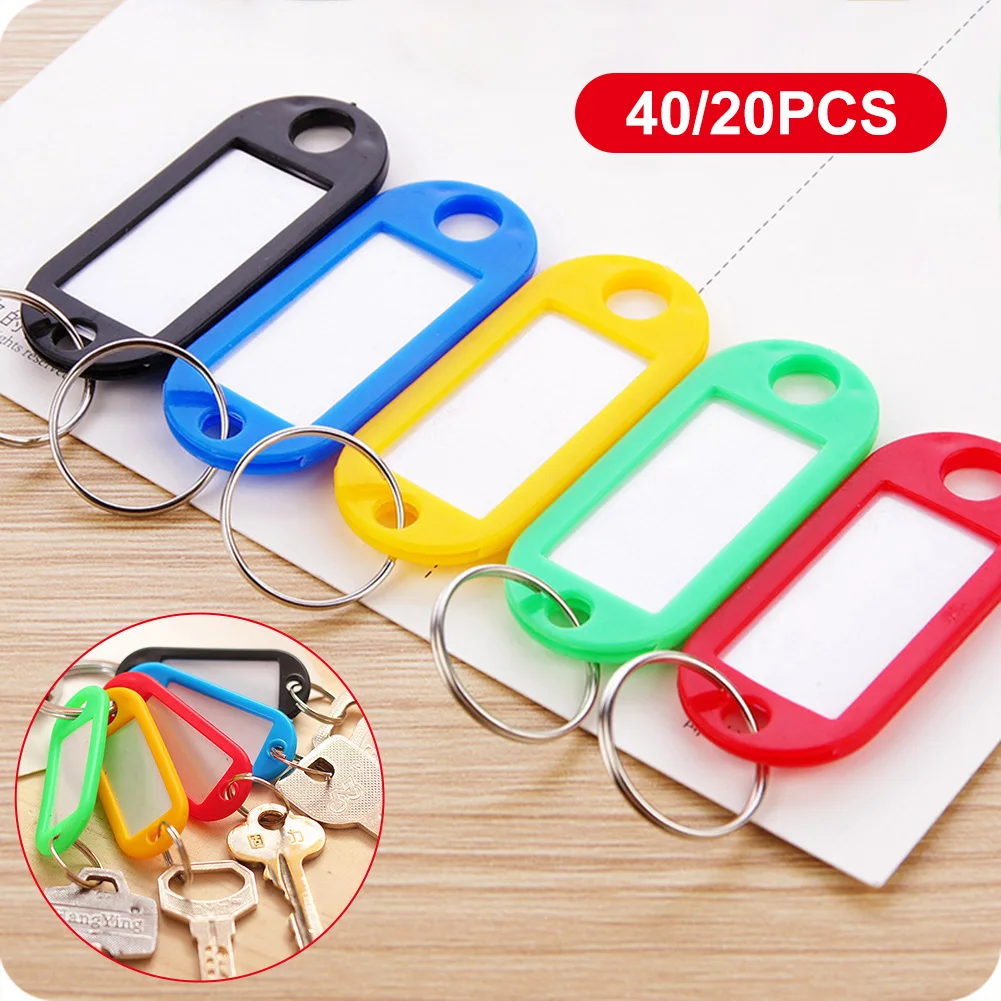 Quality 20/40Pcs/Lot Mix Color Plastic Keychain Key Tags ID Label Name Tags With Split Ring For Baggage Key Chains Rings