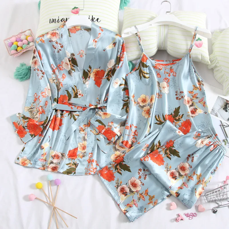 

Blue Flower Print Pajamas Set Women Long Sleeve 3 PCS Shirt&Pant Casual Female 3PCS Sleepwear Nightwear Stain Sleep Set