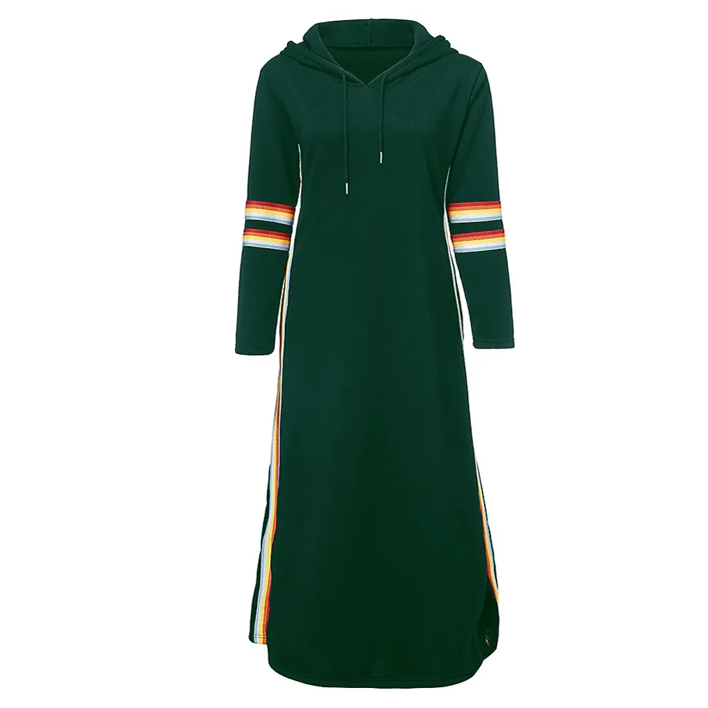 Плюс размер платье женские сексуальные длинные платья Радужный худи в полоску длинный рукав подол Сплит платье с карманами повседневные свободные платья