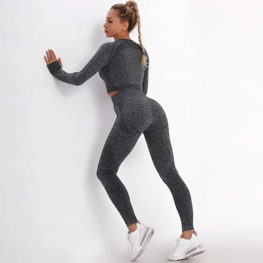 Women Sportswear Yoga Set Gym Clothing Bra Tracksuit Long Sleeve Crop Top High Waist Seamless Leggings for Fitness Sports Suits