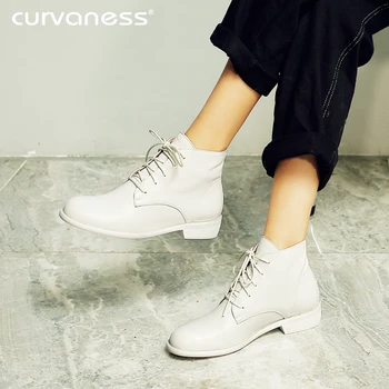 

2019 New Genuine Leather Martin Boots Female England White Boots Low-heeled Flat Boots Couple Motorcycle Women's Boots 33-42