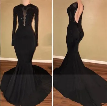 

Black Evening Dresses Mermaid Scoop Long Sleeves Appliques Beaded Backless Long Evening Gown Prom Dresses Prom Gown