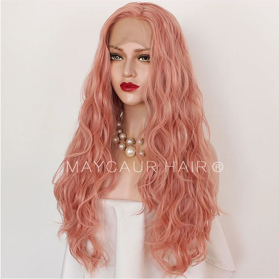 Maycaur Long Pink Color Hair Lace Wigs Loose Wavy Hair Glueless Heat Resistant Synthetic Lace Front Wigs for Black Women (5)