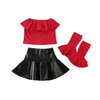 

2020 Fashion Baby Girls Set Newborn Kids off shoulder red Ruffle Tops Flared sleeve Cuff black Leather Skirt Dress Outfits CA